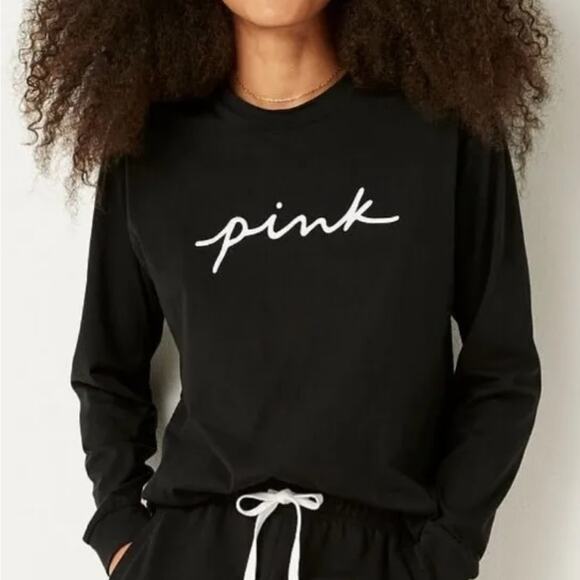 Victoria's Secret Pink Black Campus Logo Long Sleeve Tee Sz S - Picture 1 of 11